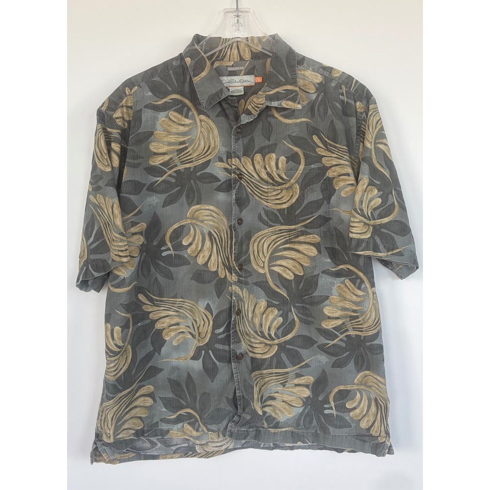 Quiksilver Edition Mens Grey Tan Tropical Leaf Print Comfort Fit Shirt Large